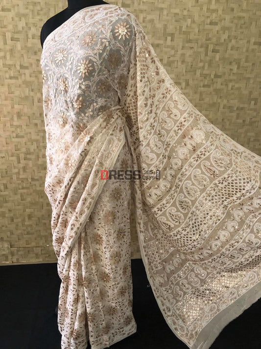 Ivory White Gota Patti Lucknowi Saree Chikankari