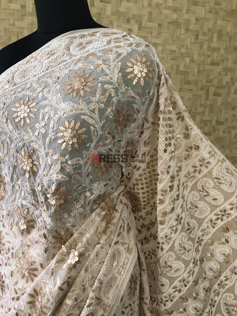 Ivory White Gota Patti Lucknowi Saree Chikankari