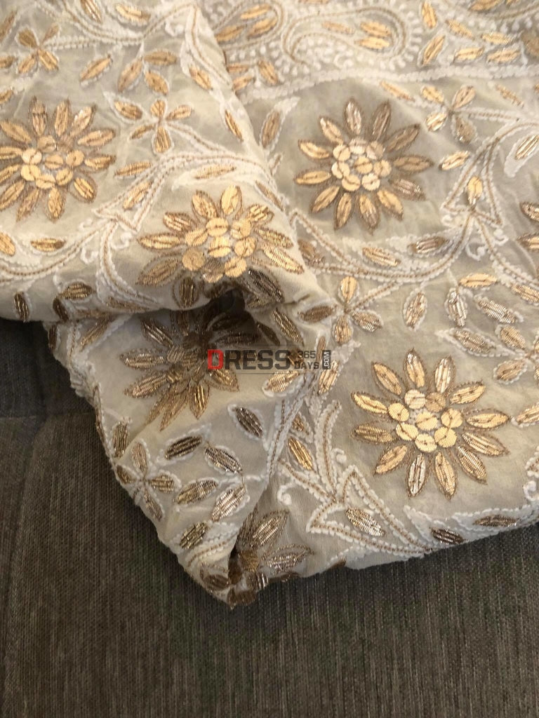 Ivory White Gota Patti Lucknowi Saree Chikankari
