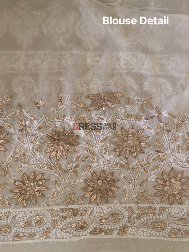 Ivory White Gota Patti Lucknowi Saree Chikankari