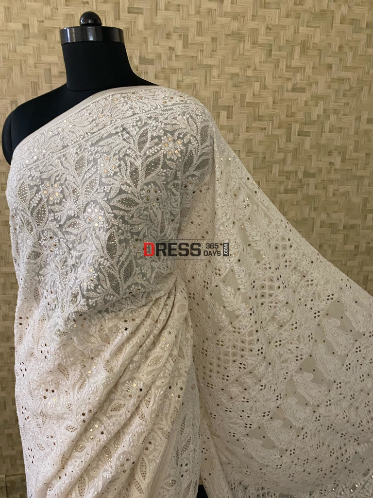 Ivory White Kamdani Chikankari Saree