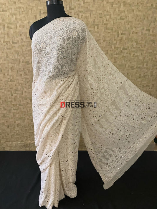 Ivory White Kamdani Chikankari Saree