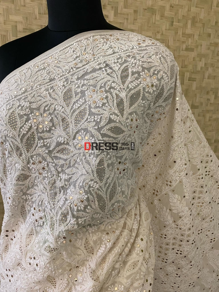 Ivory White Kamdani Chikankari Saree