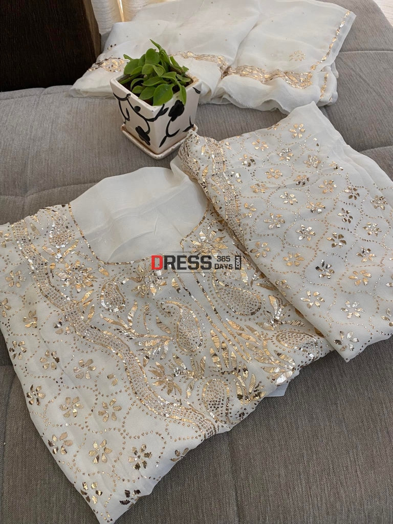 Ivory White Kamdani Kurta Dupatta Set Suits