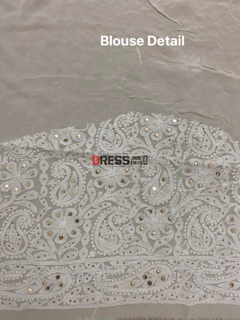 Ivory White Lakhnavi Chikankari Mukaish Saree