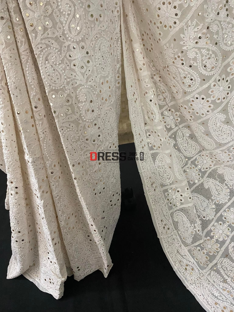 Ivory White Lakhnavi Chikankari Mukaish Saree