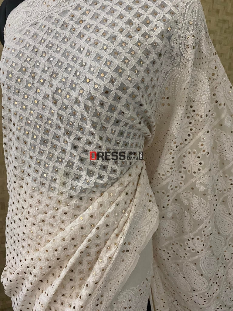 Ivory White Lakhnavi Chikankari Mukaish Saree
