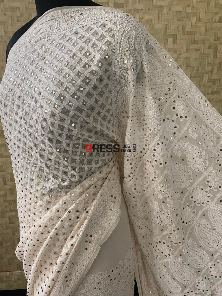 Ivory White Lakhnavi Chikankari Mukaish Saree