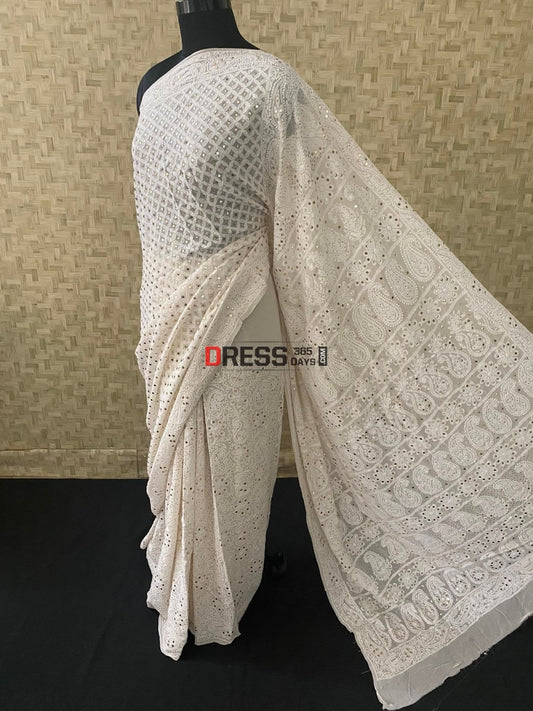 Ivory White Lakhnavi Chikankari Mukaish Saree