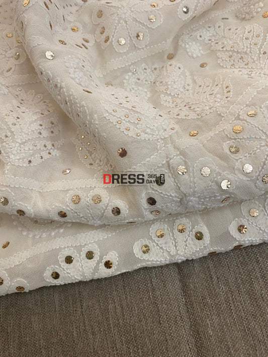 Ivory White Lakhnavi Chikankari Mukaish Saree