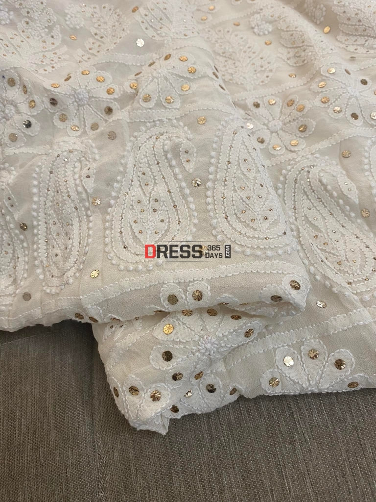 Ivory White Lakhnavi Chikankari Mukaish Saree