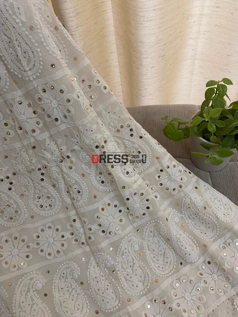 Ivory White Lakhnavi Chikankari Mukaish Saree