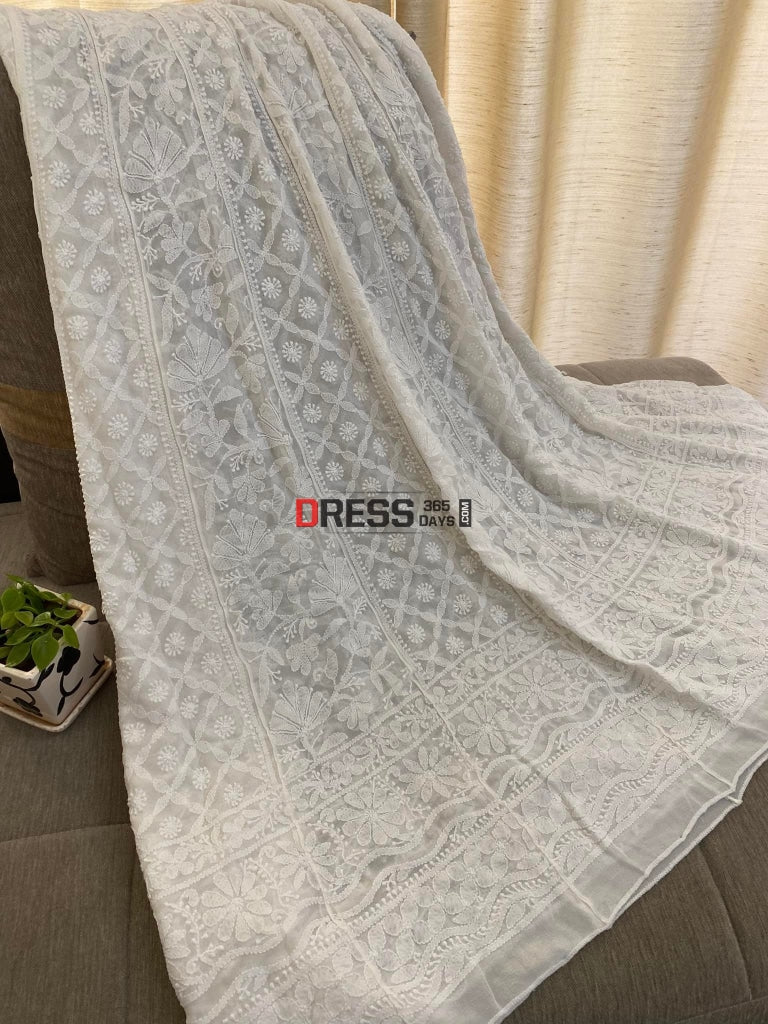 Ivory White Lucknowi Chikan Anarkali Chikankari