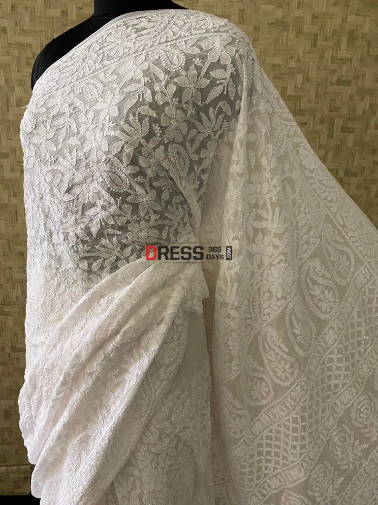 Ivory White Lucknowi Chikan Saree Chikankari