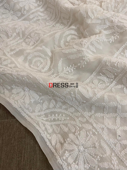 Ivory White Lucknowi Chikan Saree Chikankari