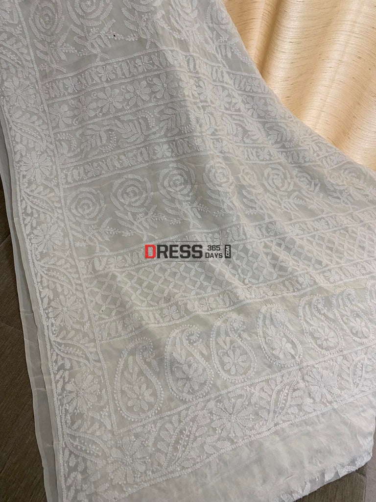 Ivory White Lucknowi Chikan Saree Chikankari