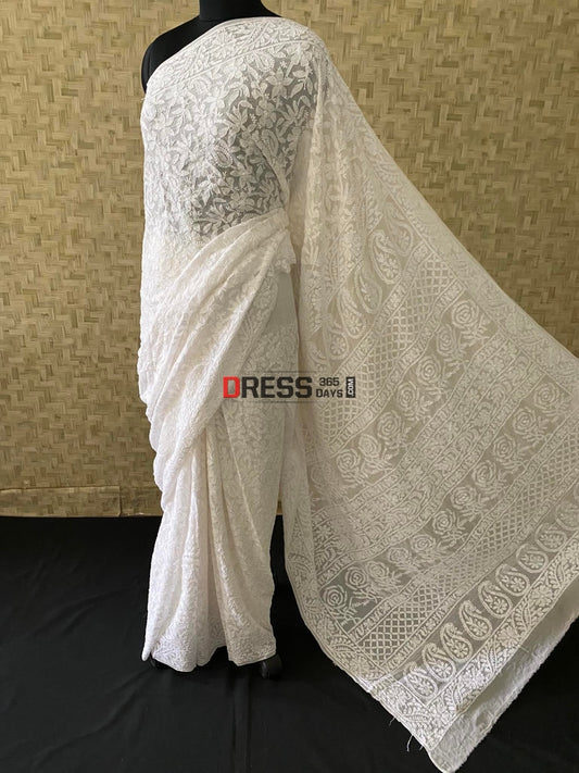 Ivory White Lucknowi Chikan Saree Chikankari