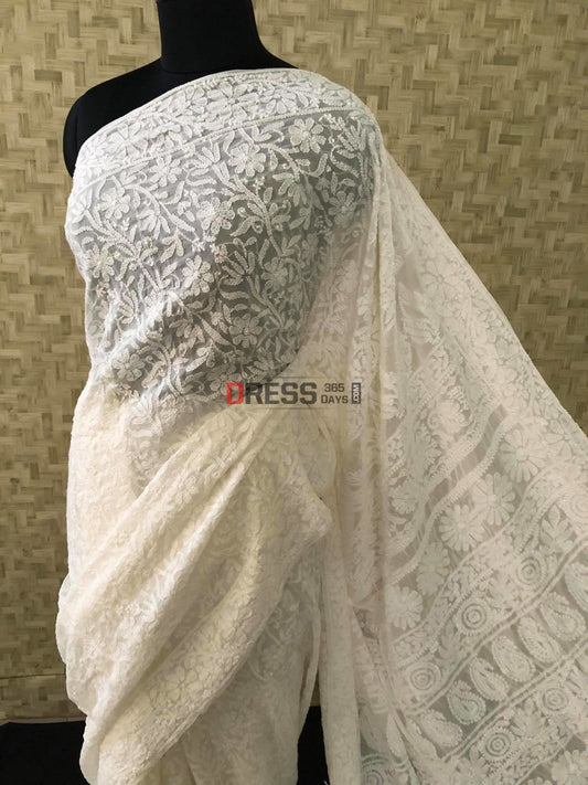 Ivory White Lucknowi Chikanakari Saree Chikankari