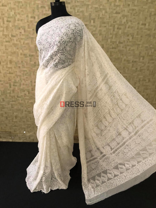 Ivory White Lucknowi Chikanakari Saree Chikankari