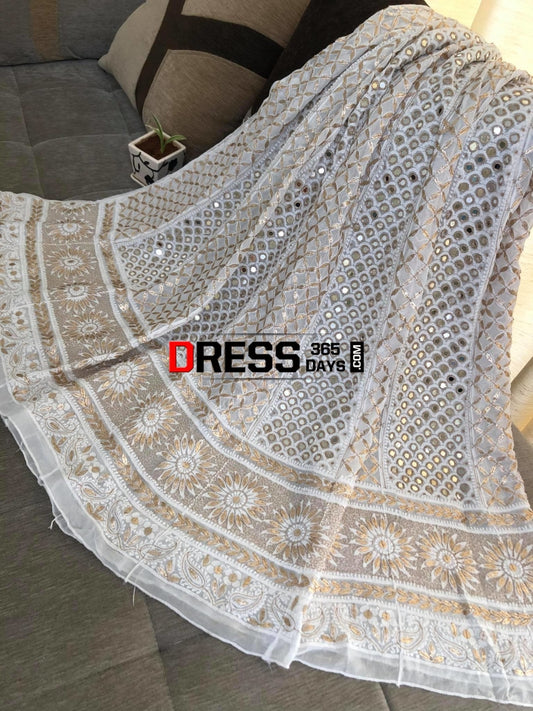 Ivory White Lucknowi Chikankari Mirror Anarkali Suit