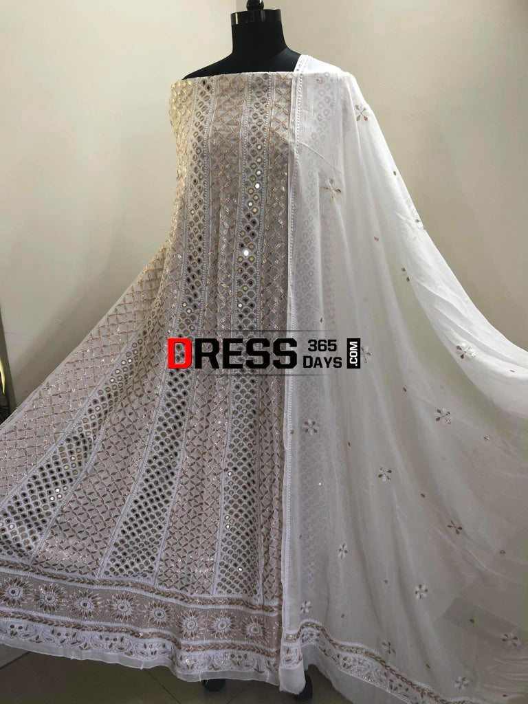Ivory White Lucknowi Chikankari Mirror Anarkali Suit