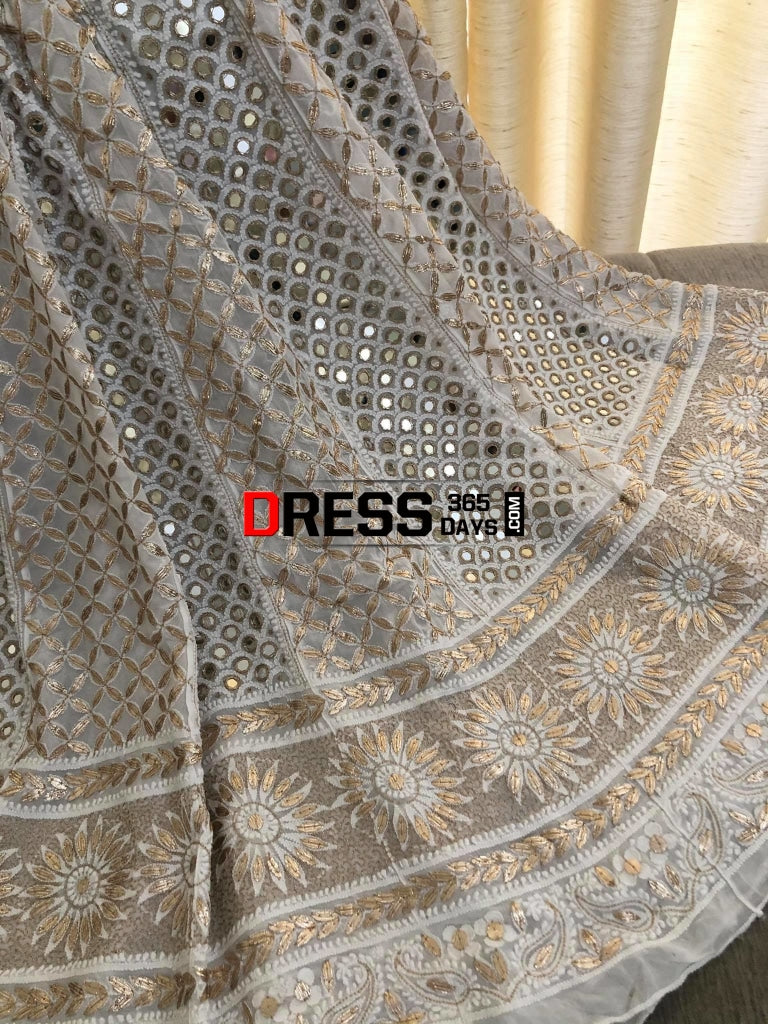 Ivory White Lucknowi Chikankari Mirror Anarkali Suit