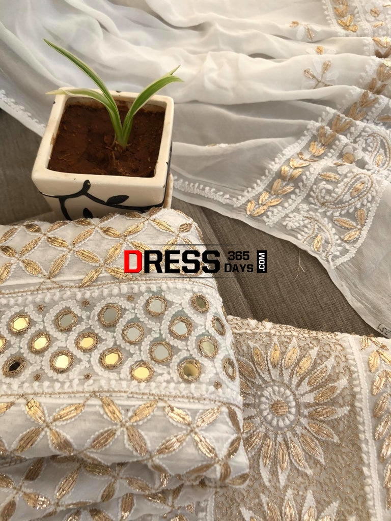 Ivory White Lucknowi Chikankari Mirror Anarkali Suit