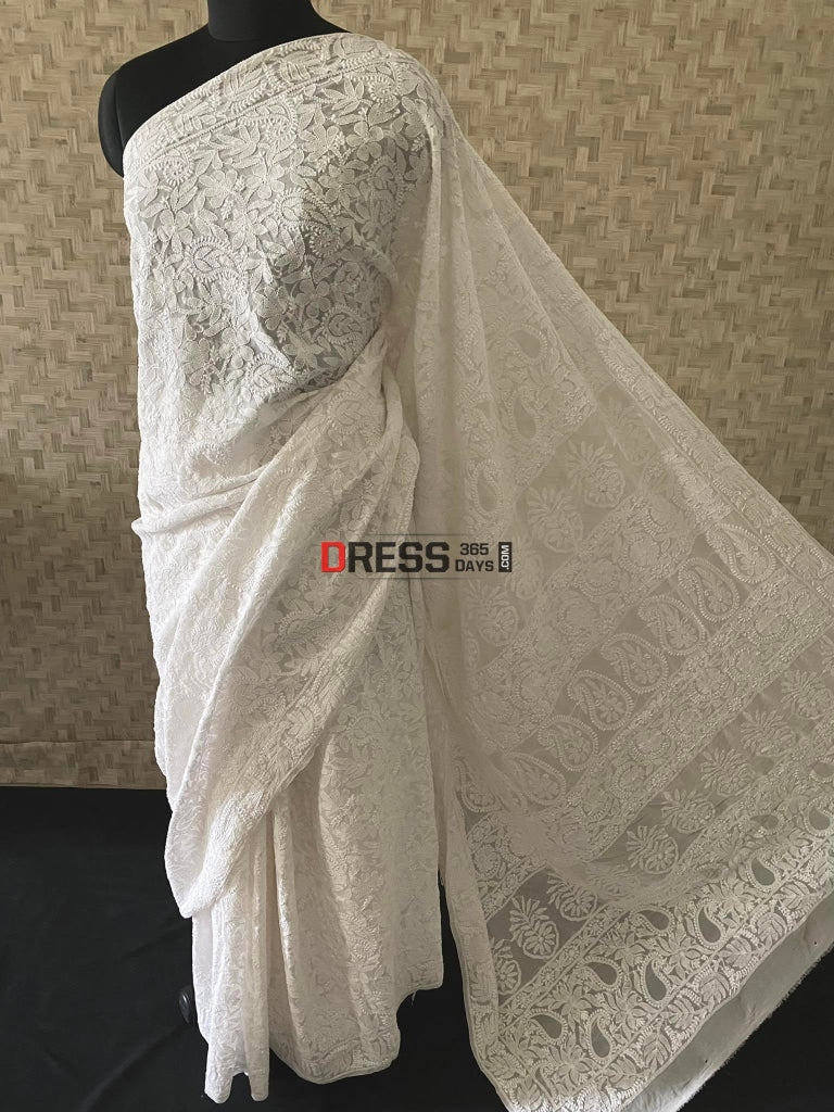 Ivory White Lucknowi Chikankari Saree