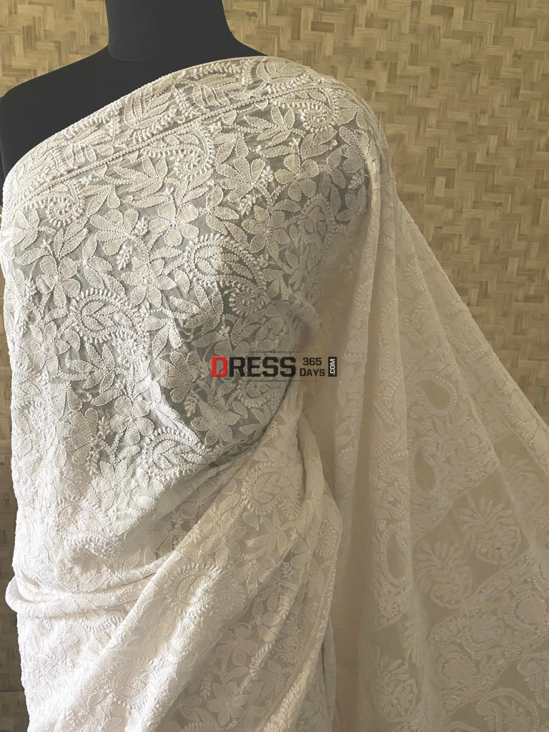 Ivory White Lucknowi Chikankari Saree