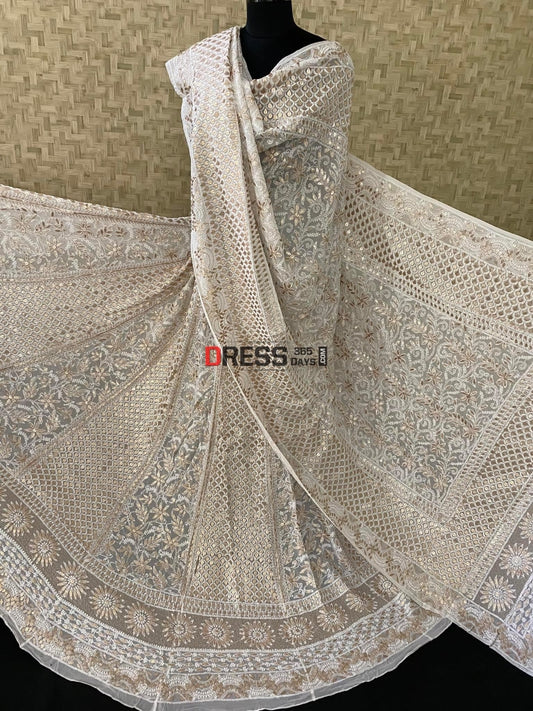 Ivory White Lucknowi Gota Patti Work Lehenga Set Chikankari