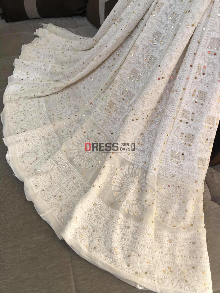Ivory White Lucknowi Kamdani Lehenga Set Chikankari