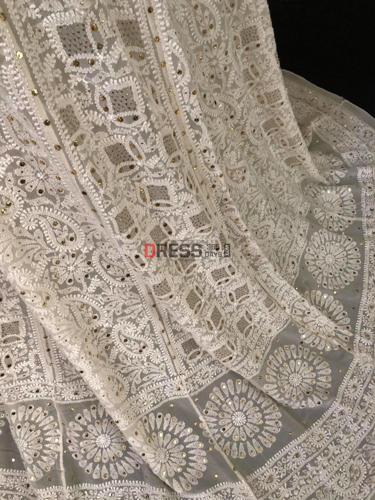 Ivory White Lucknowi Kamdani Lehenga Set Chikankari