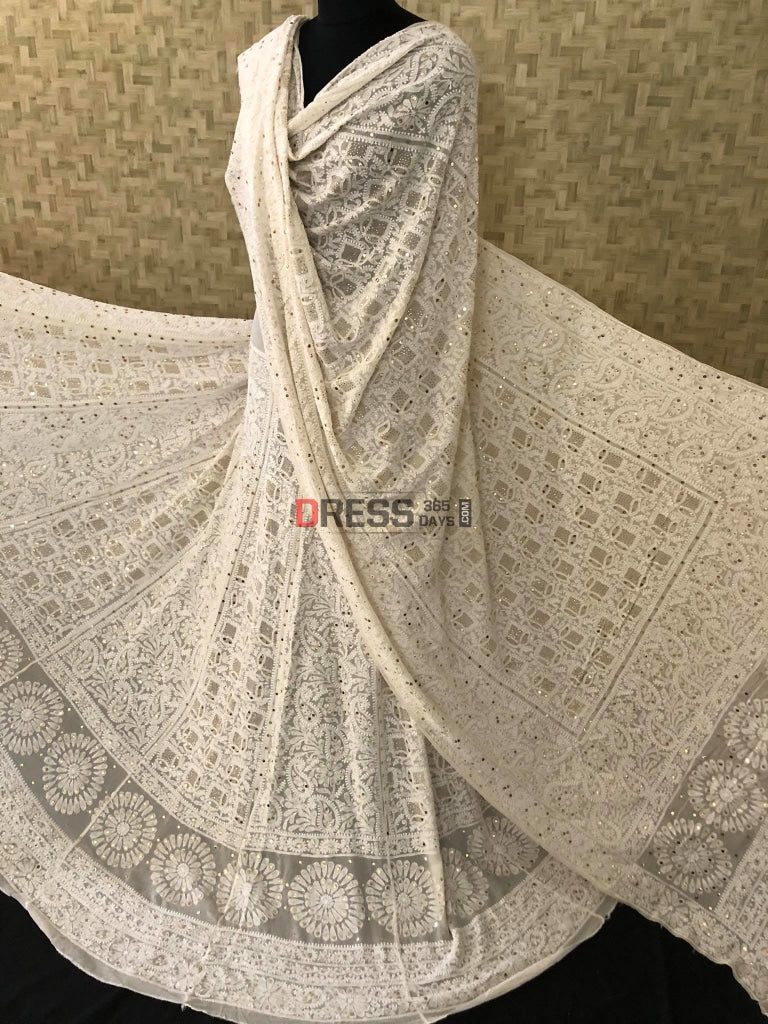 Ivory White Lucknowi Kamdani Lehenga Set Chikankari