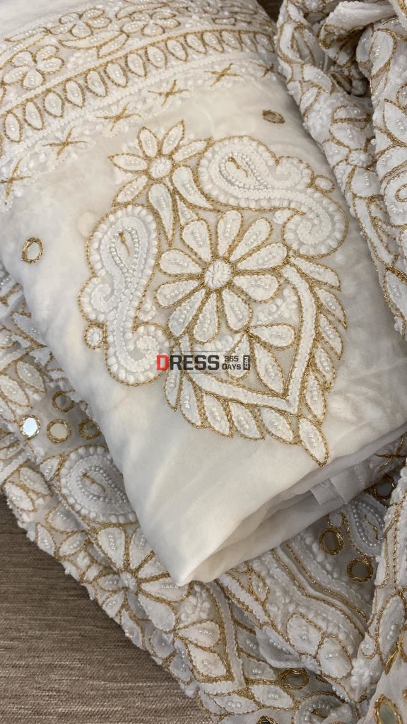 Ivory White Lucknowi Mirror Zari & Pearl Anarkali Chikankari
