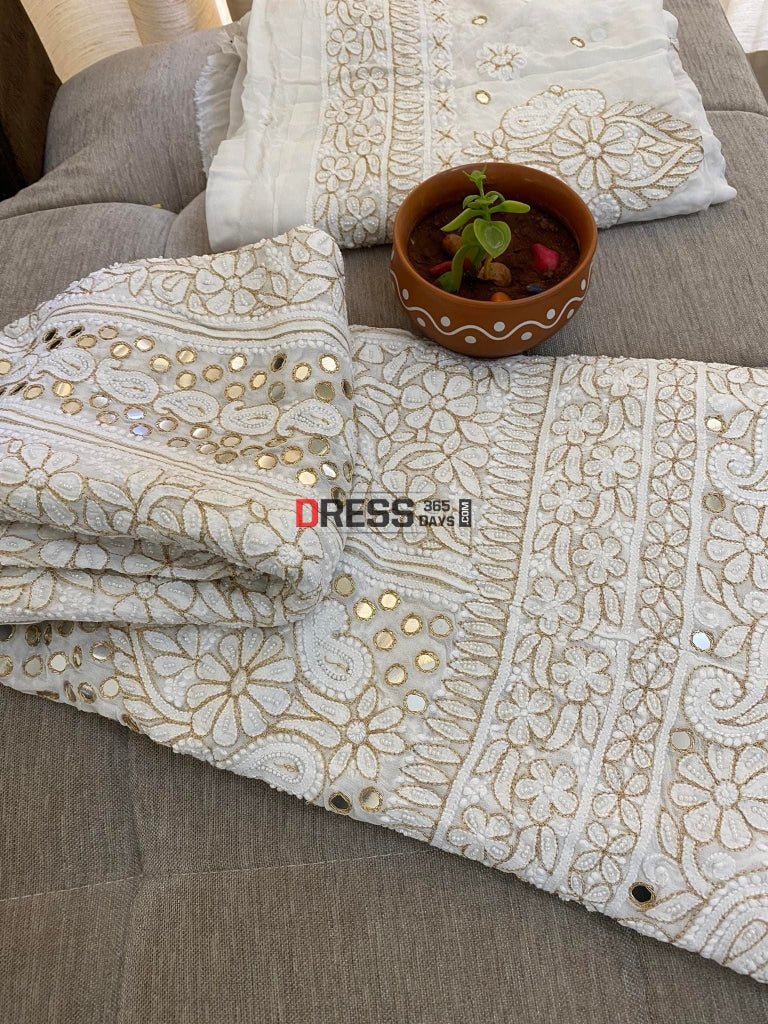 Ivory White Lucknowi Mirror Zari & Pearl Anarkali Chikankari