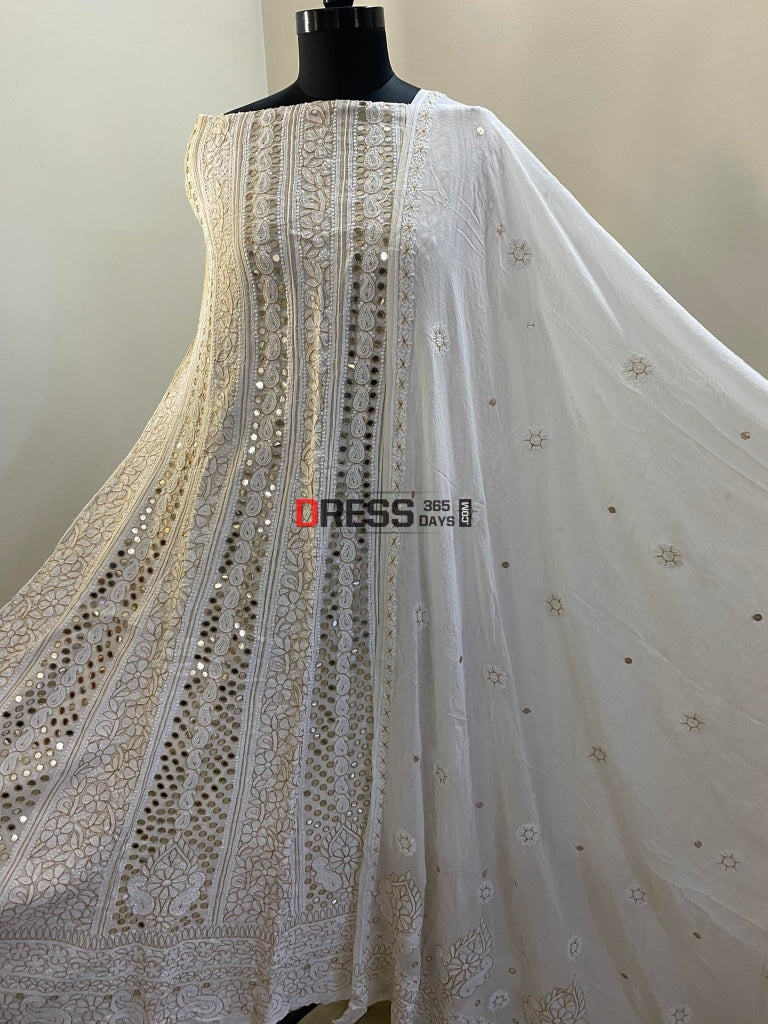 Ivory White Lucknowi Mirror Zari & Pearl Anarkali Chikankari