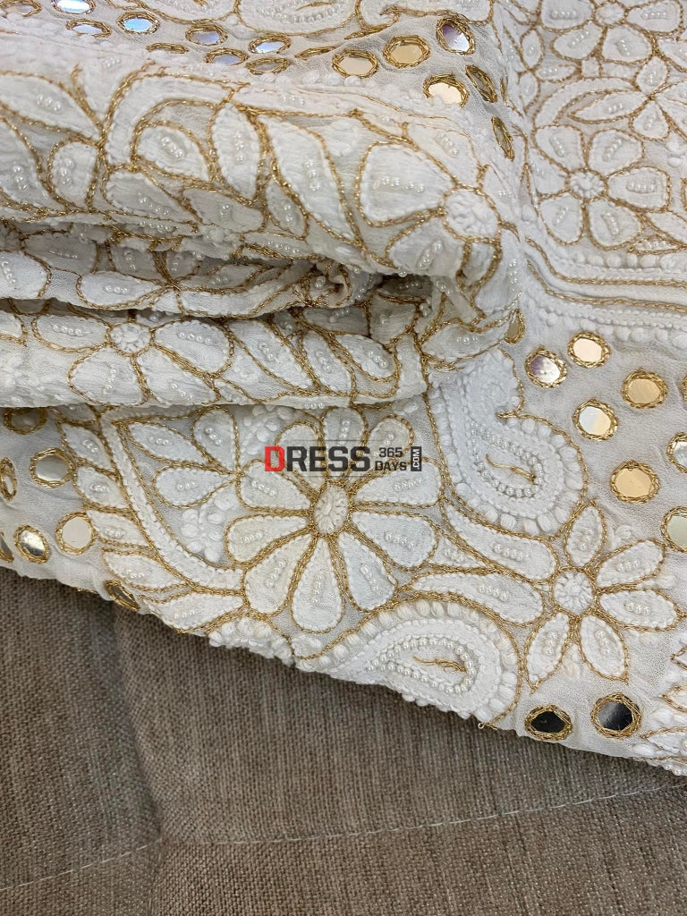 Ivory White Lucknowi Mirror Zari & Pearl Anarkali Chikankari