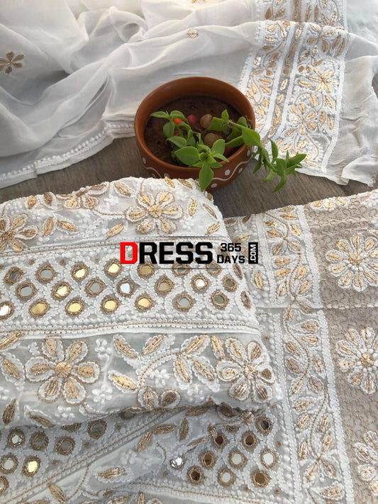 Ivory White Mirror & Gota Patti Chikankari Anarkali Suit