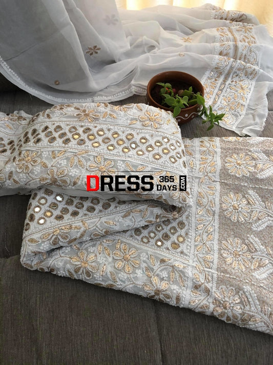 Ivory White Mirror & Gota Patti Chikankari Anarkali Suit
