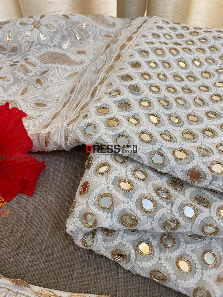 Ivory White Mirror Lucknow Chikankari Lehenga Set