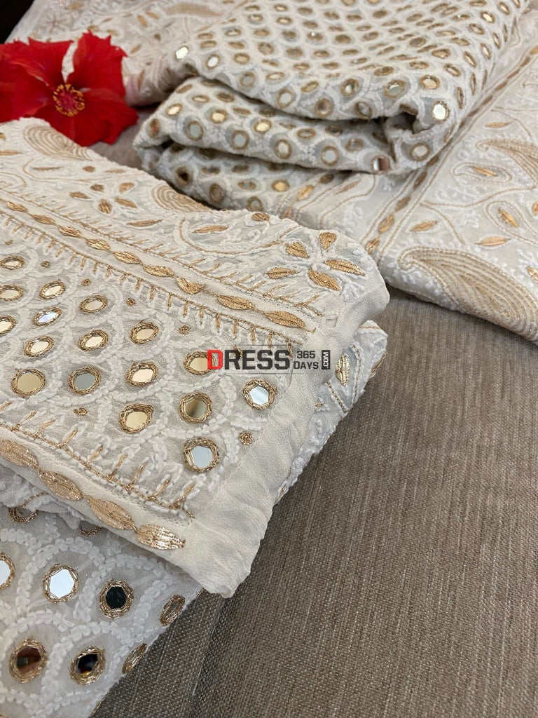 Ivory White Mirror Lucknow Chikankari Lehenga Set