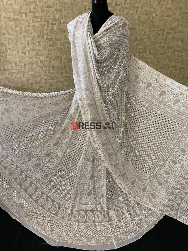 Ivory White Mirror Lucknow Chikankari Lehenga Set Dress365days