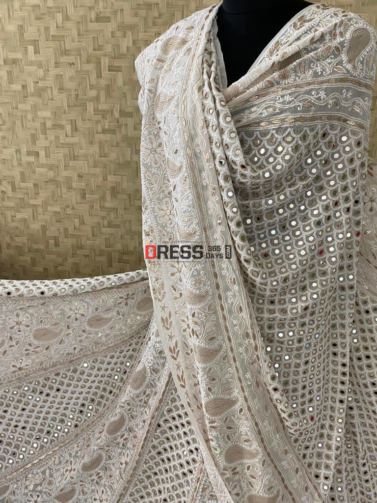 Ivory White Mirror Lucknow Chikankari Lehenga Set