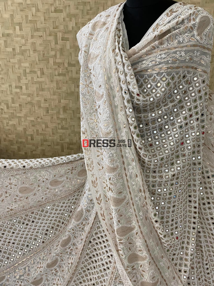 Ivory White Mirror Lucknow Chikankari Lehenga Set Dress365days