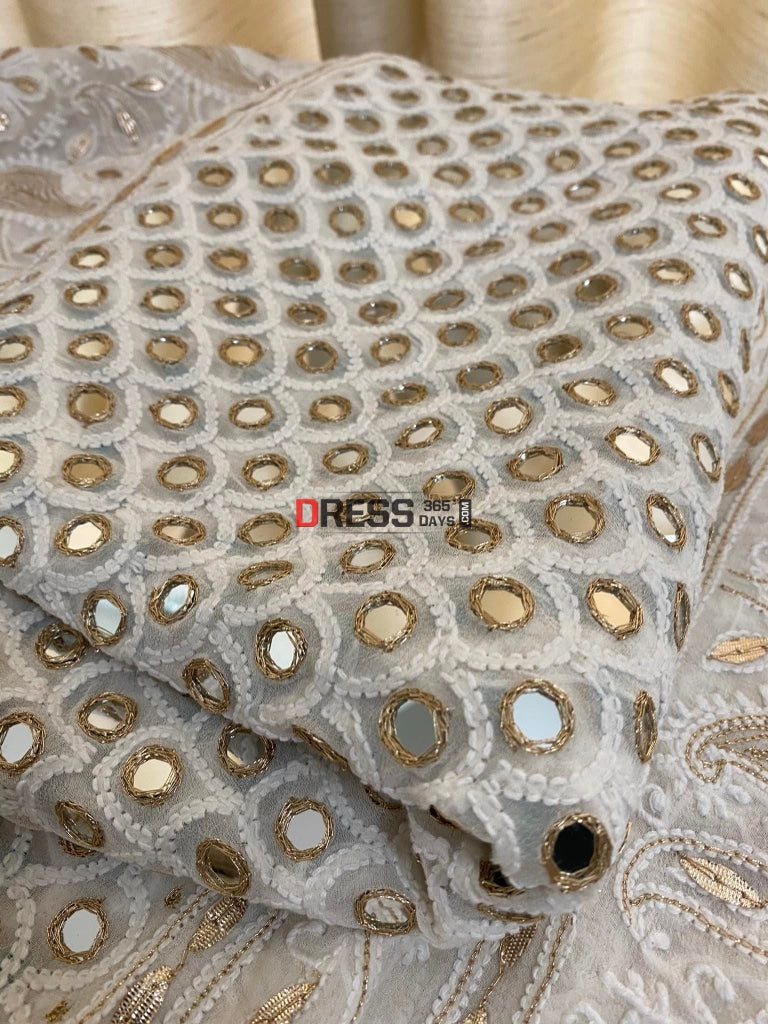 Ivory White Mirror Lucknow Chikankari Lehenga Set