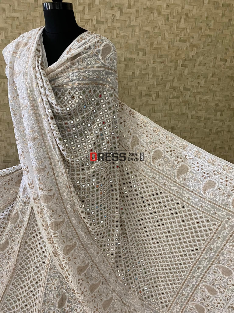 Ivory White Mirror Lucknow Chikankari Lehenga Set