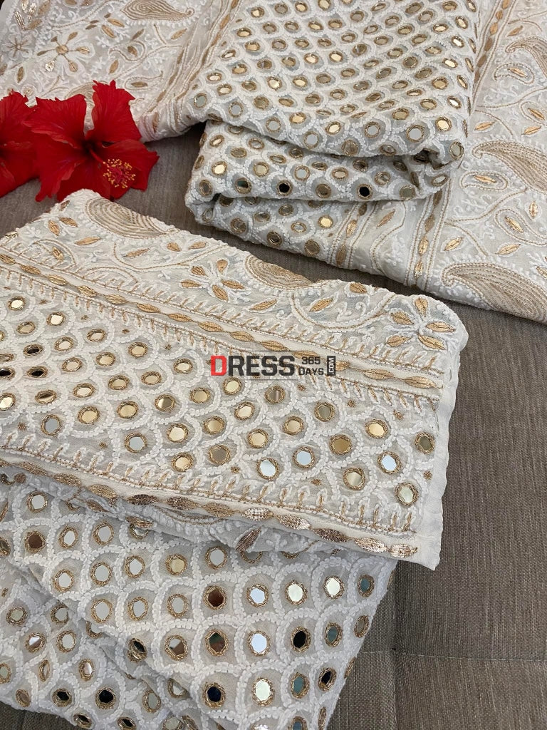 Ivory White Mirror Lucknow Chikankari Lehenga Set