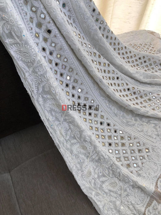 Ivory White Mirror & Pearl Chikankari Anarkali