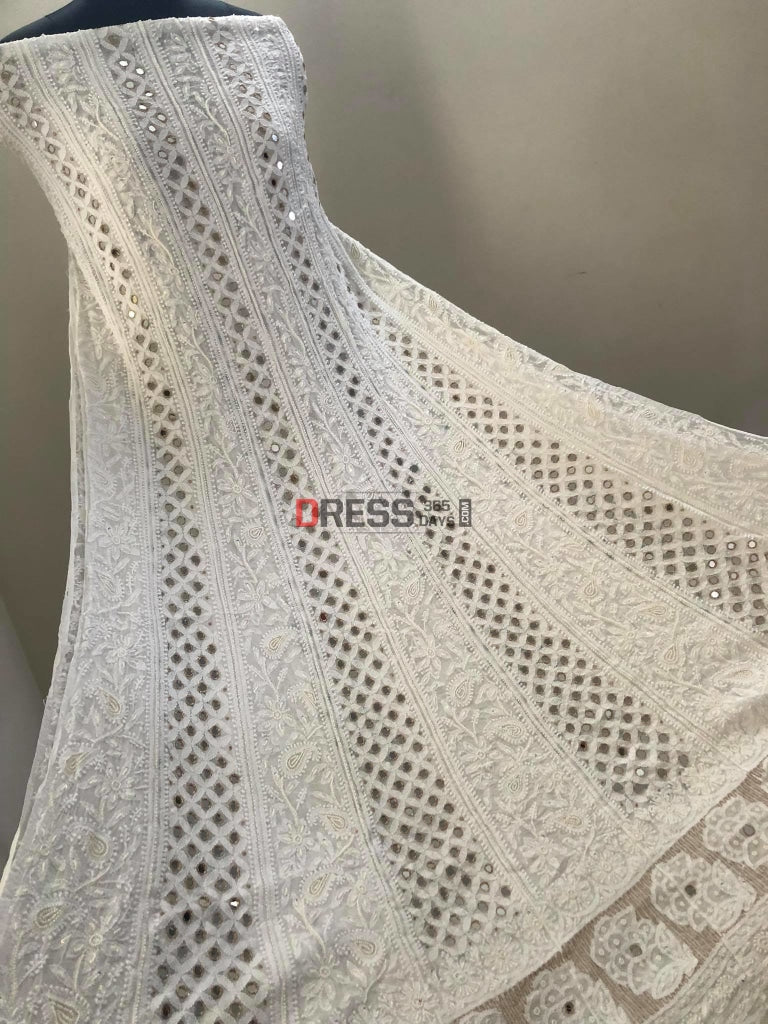 Ivory White Mirror & Pearl Chikankari Anarkali