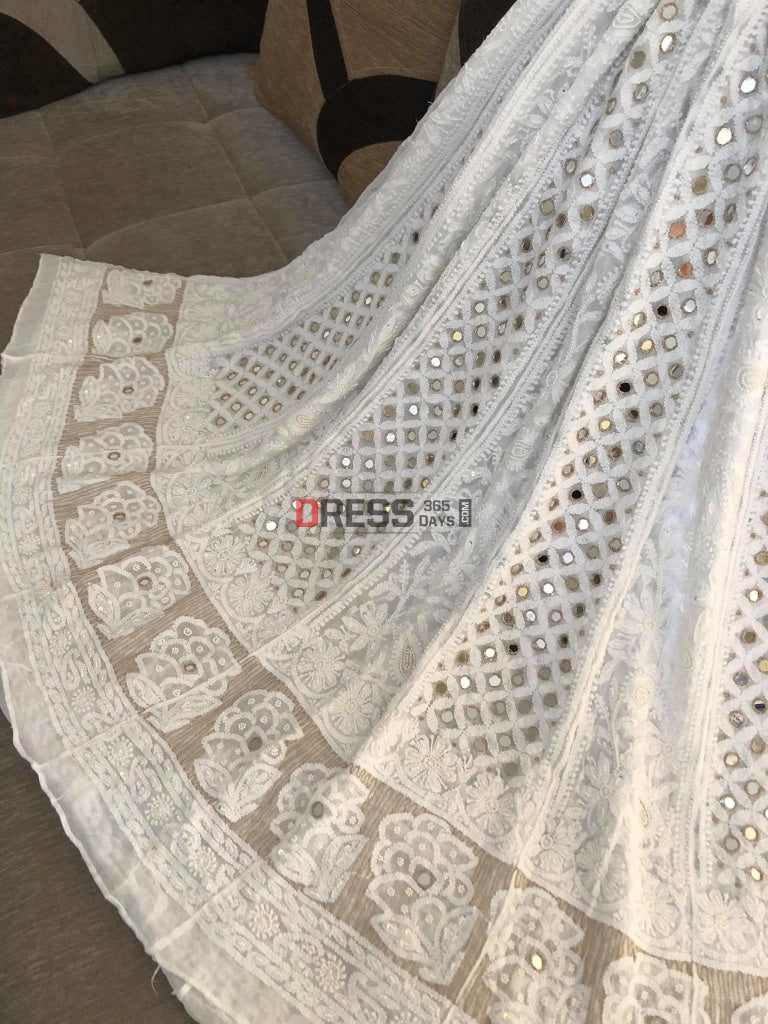 Ivory White Mirror & Pearl Chikankari Anarkali